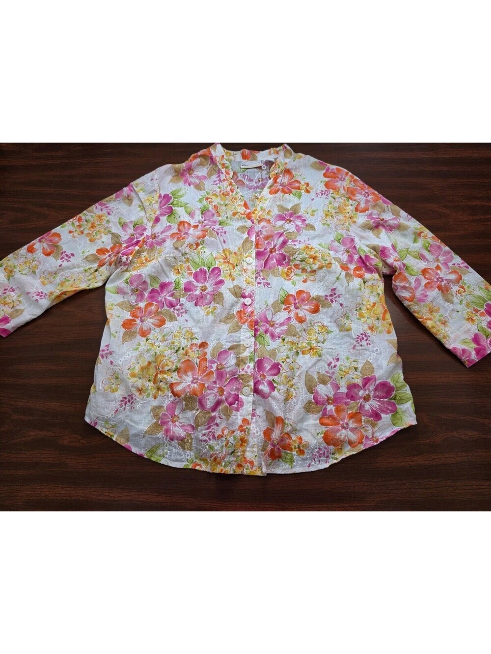 Alfred Dunner Pink Orange Floral 3/4 Sleeve 100% Cotton SZ 18W Boho Cottagecore
